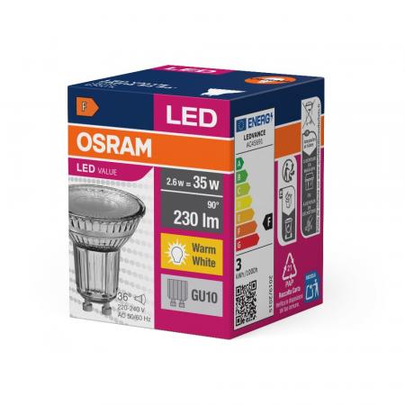 OSRAM LED VALUE PAR 16 GU10 LED Strahler 2,6W=35W 36° 2700K Glas warmweißes Licht Akzentbeleuchtung
